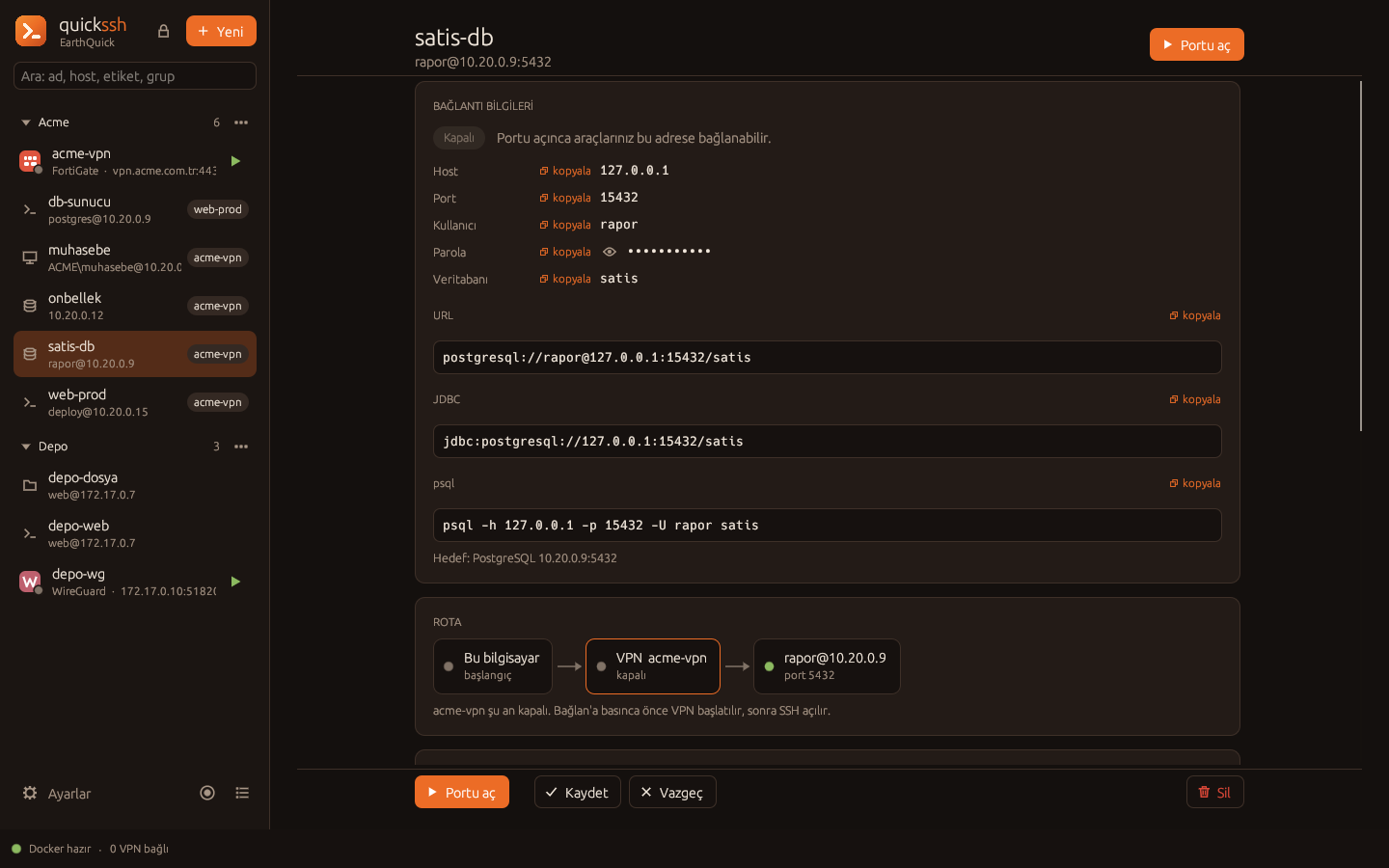 QuickSSH veritabanı portları