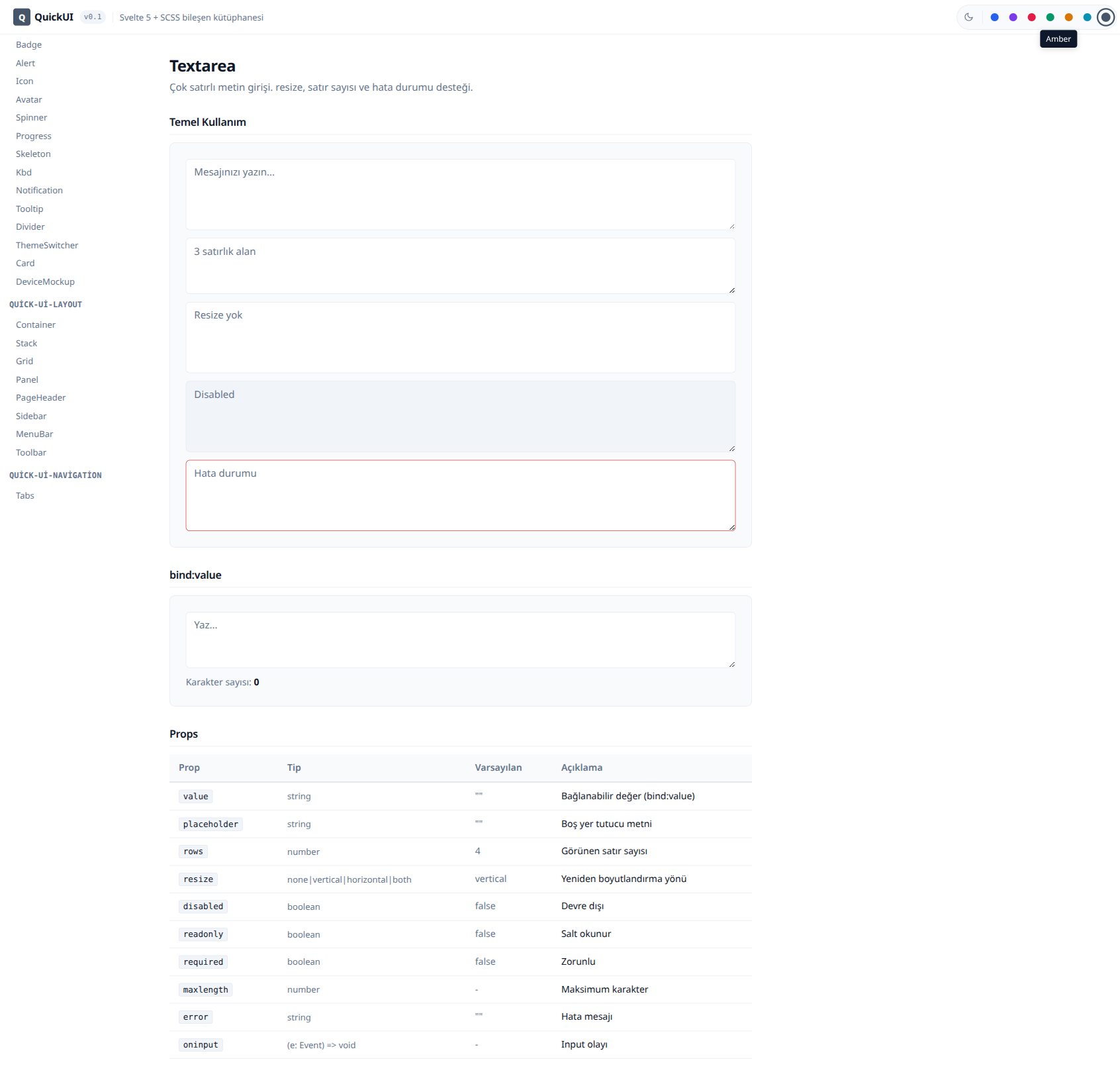 QuickUI dokümanı ve canlı örnekler